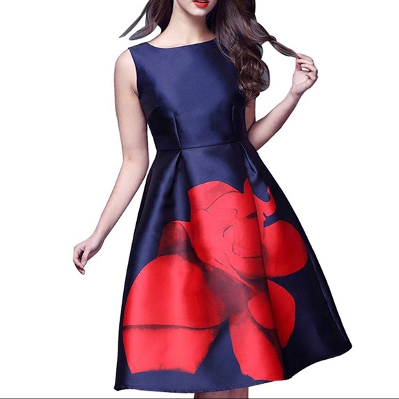 Plus/Regular Satin Feel Navy Floral A Line Dress - Picture 2 of 8